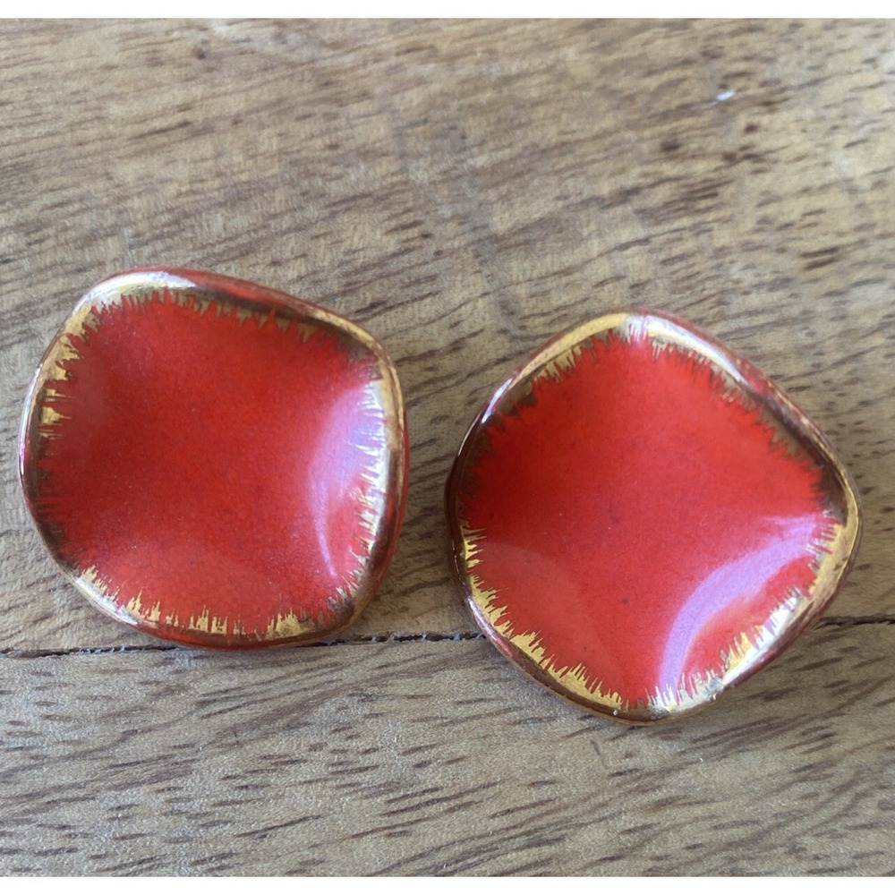 Vintage Ceramic Glazed Red Gold Colored Abstract Shaped Clip On‎ Earrings